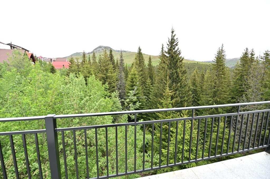 The upstairs balcony, open to the fir forest and the mountains